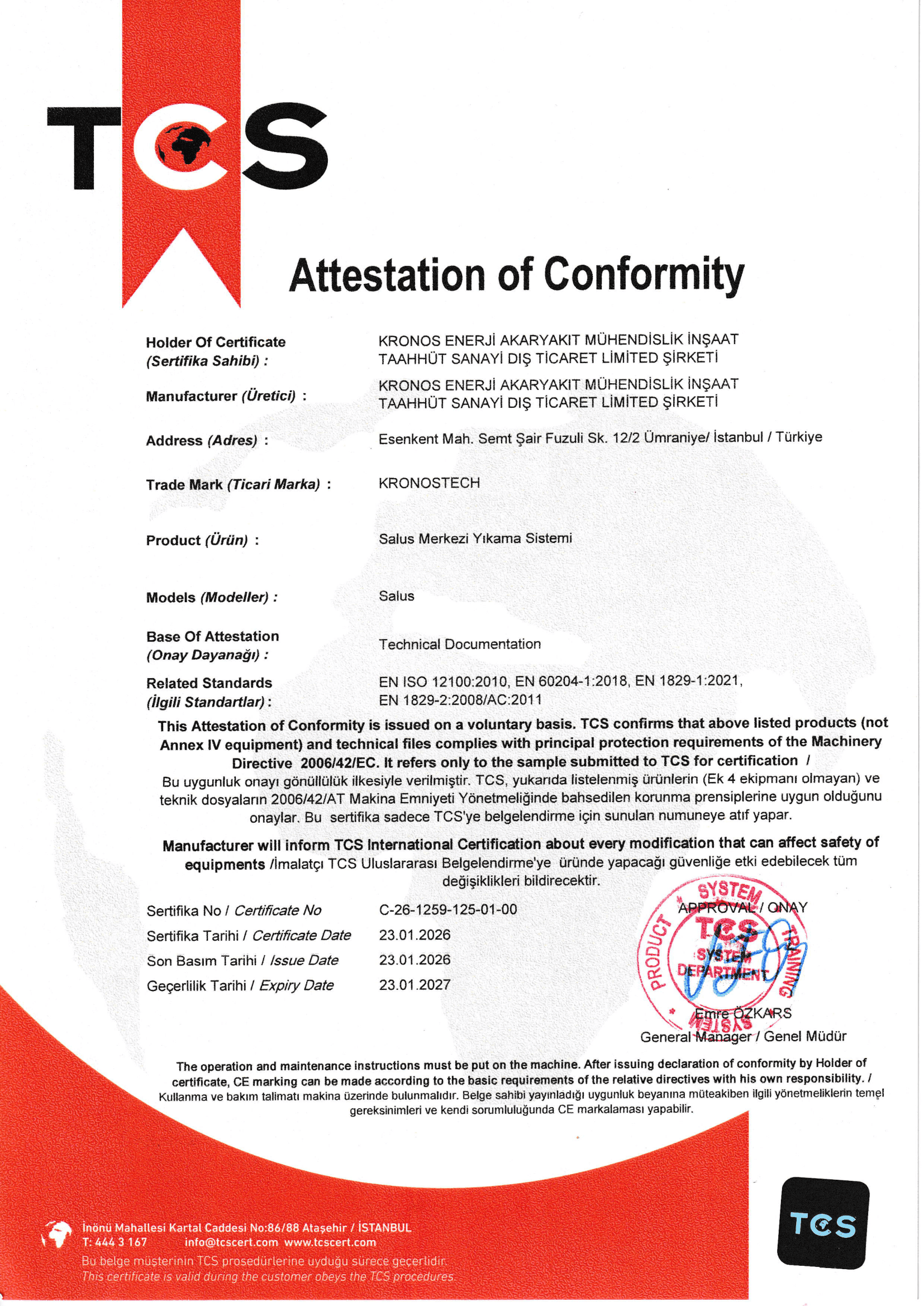 TSE Turkish Standards Conformity Certificate